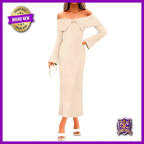 Dresses & Skirts - Off Shoulder Maxi Sweater Dress Long Sleeve Bodycon Ribbed Knit Elegant